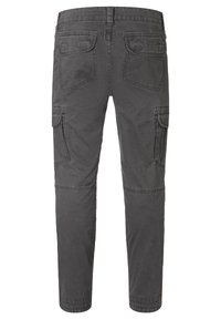 Graue Cargo-Hosen aus einem Baumwoll-Mischgewebe, mit mehreren Taschen, geradem Schnitt und genähten Details an den Nähten.