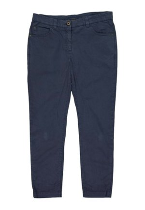 Pantalon décontracté bleu marine avec fermeture par bouton et zip, poches avant et arrière, et passants de ceinture, affiché à plat sur fond blanc.
