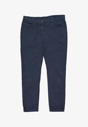Pantalon décontracté bleu marine avec fermeture par bouton et zip, poches avant et arrière, et passants de ceinture, affiché à plat sur fond blanc.