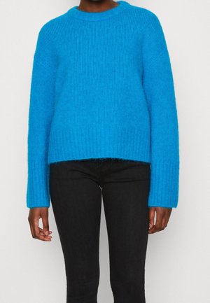 Persona con un suéter de punto peludo de color azul intenso y mangas largas, y pantalones negros, sobre un fondo claro y sencillo.