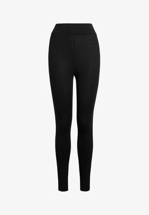 Schwarze Leggings aus einem glatten, dehnbaren Material. Hoher Taillenbund und enganliegendes Design ohne sichtbare Nähte oder Muster.