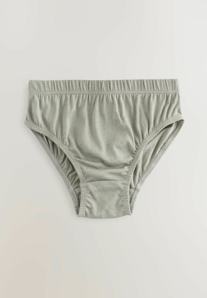 Calzoncillos de algodón gris claro con cinturilla elástica, textura suave y lados fruncidos. Presentan un diseño simple sin patrones adicionales.