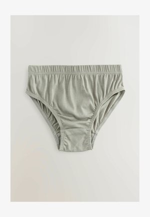 Culotte en coton gris clair avec taille élastique, texture lisse et côtés froncés. Présente un design simple sans motifs supplémentaires.