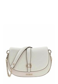 Borsa a tracolla in similpelle bianca con una forma curva. Presenta un logo e accessori dorati, un dettaglio a catena e una tracolla regolabile.