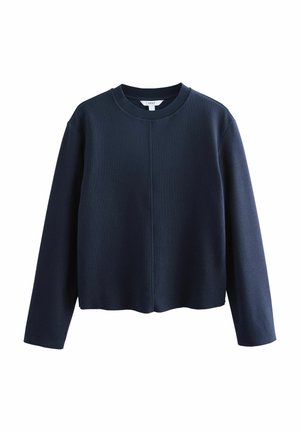 Navy blue sweatshirt with a crew neck, long sleeves, a textured fabric, and a cropped design. Features a central seam detail on the front.