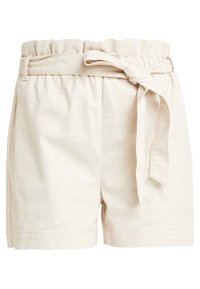 Shorts crème taille haute avec une ceinture à nouer, fabriqués dans un tissu léger, dotés de poches latérales et d'une coupe décontractée.