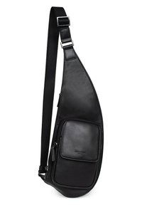 Borsa a tracolla nera in pelle liscia, con tasca frontale con zip, tracolla regolabile e un design elegante e curvo.