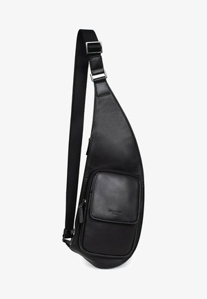 Borsa a tracolla nera in pelle liscia, con tasca frontale con zip, tracolla regolabile e un design elegante e curvo.