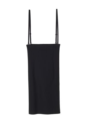 Czarna sukienka na ramiączkach z gładkiego materiału, z cienkimi, regulowanymi ramiączkami i prostym, prostym krojem.