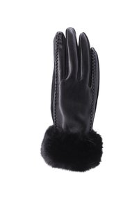 Guanto in pelle nera con polsino in pelliccia nera e cuciture decorative lungo i lati, esposto piatto con le dita distese.