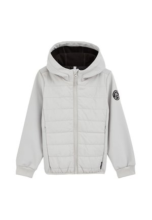 Giacca grigia chiaro con cappuccio, zip frontale, due tasche laterali con zip, polsini a costine e una toppa rotonda nera sulla manica sinistra.