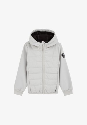 Lysegrå hættejakke med lynlås foran, to sidelommer med lynlås, ribstrikkede ærmeender og et rundt sort mærke på venstre ærme.