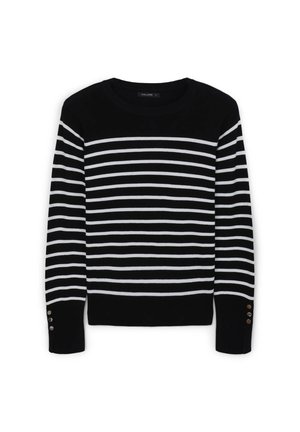 Gestreifter Pullover in Schwarz und Weiß mit rundem Ausschnitt, langen Ärmeln und Knopfakzenten an den Bündchen. Weicher Strickstoff. Klassisches horizontales Muster.