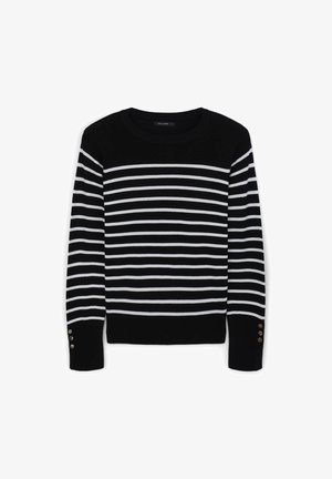 Gestreifter Pullover in Schwarz und Weiß mit rundem Ausschnitt, langen Ärmeln und Knopfakzenten an den Bündchen. Weicher Strickstoff. Klassisches horizontales Muster.