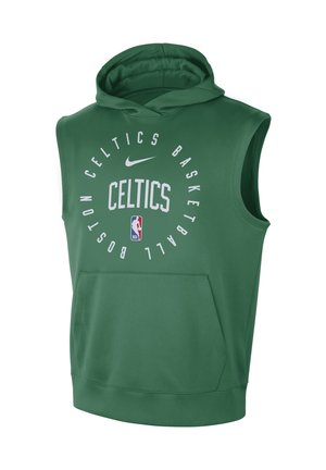 Ärmelloser grüner Kapuzenpullover mit Boston Celtics Basketball Schriftzug, Nike-Logo, NBA-Logo und Kängurutasche vorne.