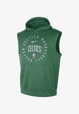 Sweat à capuche sans manches vert avec texte Boston Celtics basketball, logo Nike, logo NBA et poche kangourou sur le devant.