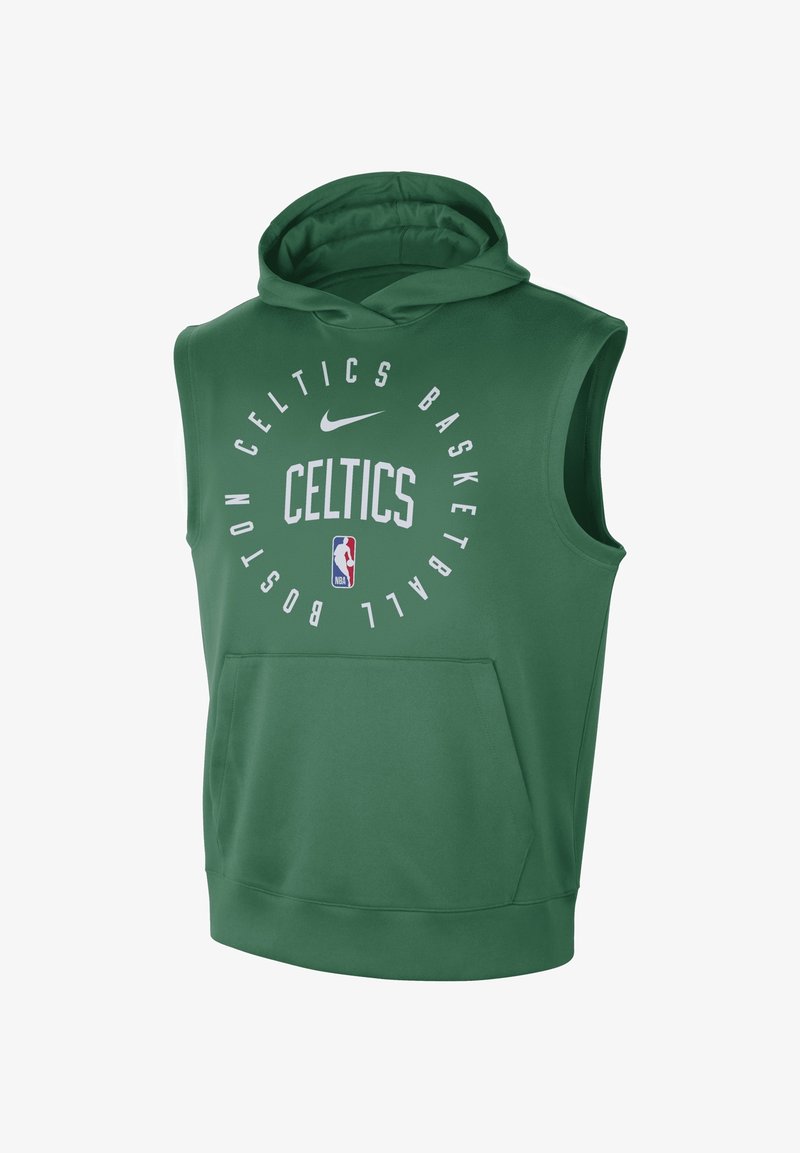 Sweat à capuche sans manches vert avec texte Boston Celtics basketball, logo Nike, logo NBA et poche kangourou sur le devant.