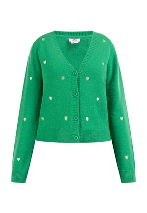 Grüne Strickjacke aus weichem Material mit V-Ausschnitt, verziert mit goldenen Herzmustern und fünf grünen Knöpfen auf der Vorderseite. Rippbündchen und Saum.