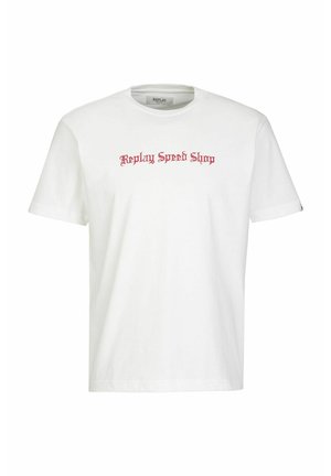 White short-sleeve t-shirt featuring the text "Replay Speed Shop" in red stylized font centered on the chest.
