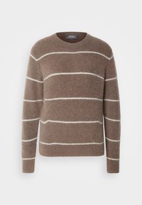 Brauner Pullover aus weichem Material mit weißen horizontalen Streifen. Verfügt über einen Rundhalsausschnitt sowie gerippte Bündchen und Saum.