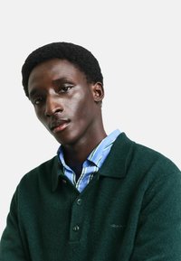 Dunkelgrüner, strukturierter Pullover mit Kragen, geknöpftem Einschnitt, über einem hellblauen gestreiften Hemd getragen.