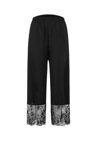 Pantalon noir à jambes larges avec taille élastique et bordure en dentelle florale transparente aux ourlets, coupé au-dessus de la cheville.