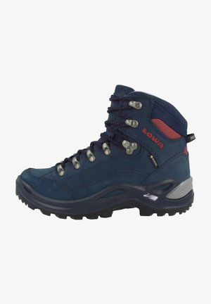 Navy hiking boot with GORE-TEX lining, metal eyelets, and textured rubber sole. Features dark gray accents and a padded collar.