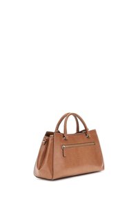 Borsa a tracolla marrone con texture, dotata di due manici, una tasca frontale con zip e una forma strutturata. Il colore e il materiale conferiscono una lucentezza sottile.