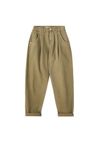 Pantalon taille haute kaki à jambes effilées avec plis avant, poches latérales, fermeture par bouton, passants pour ceinture et ourlets retroussés sur fond blanc.