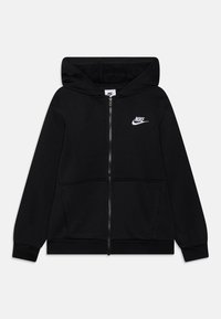 Sudadera con cremallera negra de Nike con bolsillos frontales, mangas largas y capucha, y con un logo blanco de Nike en el pecho izquierdo.