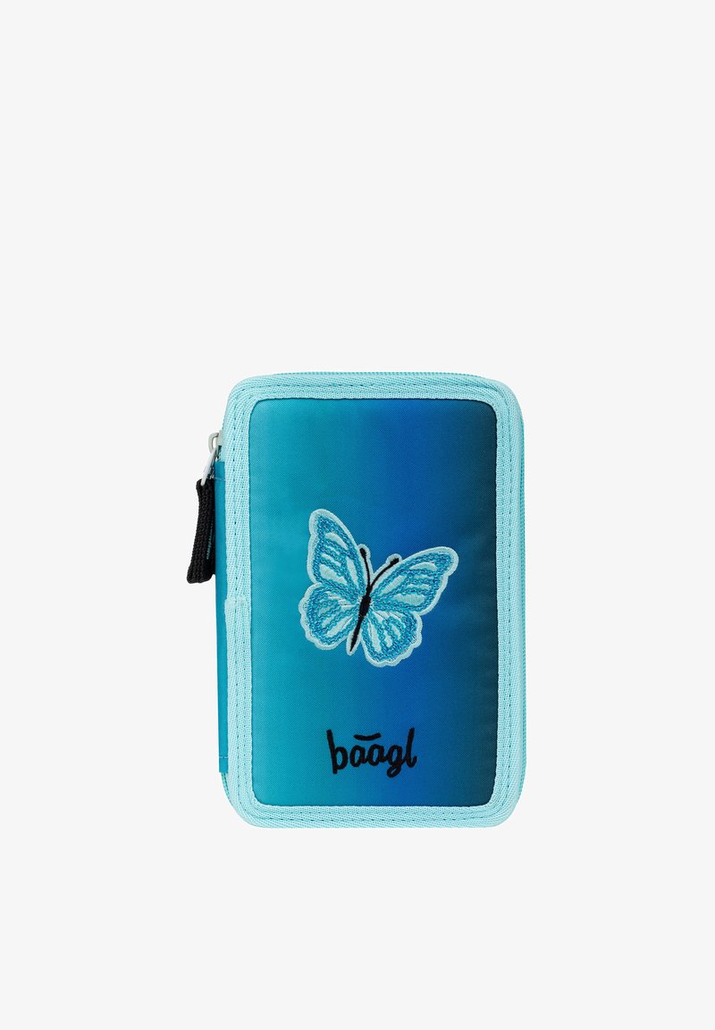 Small rectangular blue pencil case with a butterfly patch and black zipper pull on the left side.