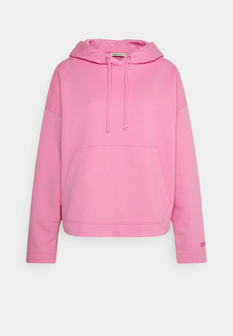 Felpa con cappuccio rosa realizzata in tessuto morbido, dotata di una tasca frontale, lacci regolabili e orlo a costine.