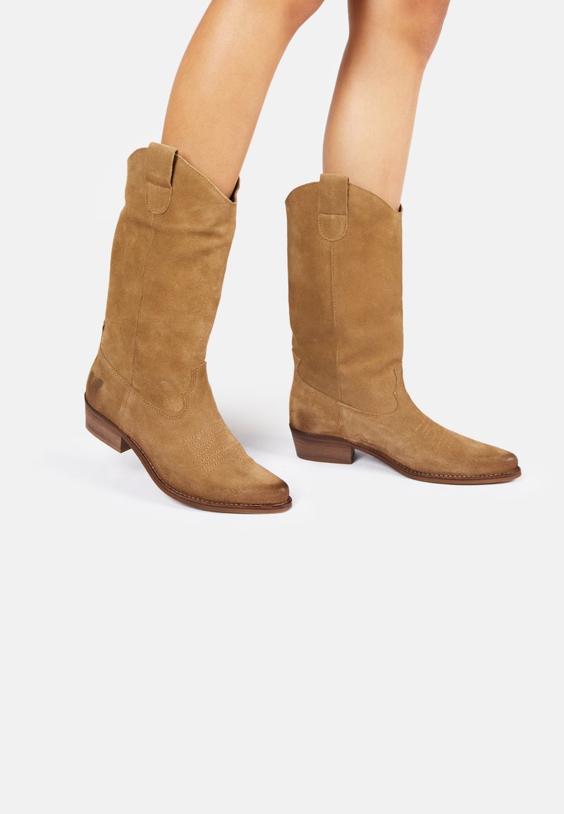 Brown suede cowboy boots with pointed toes, low stacked heels, and decorative stitching on the shaft and toe.