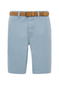 Lysblå shorts lavet af bomuld med et vævet brunt bælte. Har flad front, bæltestropper og en sømløs afslutning.
