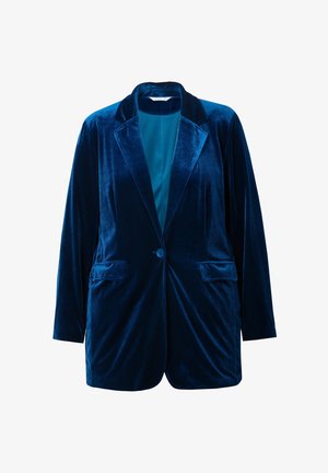 Blazer en velours bleu marine avec un col cranté, fermeture à un bouton, et deux poches avant. Présente une doublure intérieure lisse.