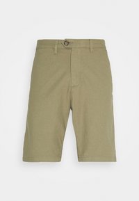 Khaki šortky vyrobené z lehkého materiálu, s knoflíkovým zapínáním, předními kapsami a rovný střih s hladkou texturou.