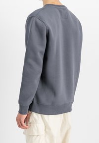 Grijze katoenen trui met geribbelde manchetten en zoom, ronde halslijn en een rechthoekig label aan de achterkant. Minimalistisch ontwerp en zachte textuur.