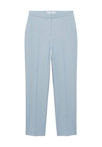Pantaloni su misura color blu chiaro con una texture liscia, frontale piatto, vita larga e due tasche laterali. Gambe dritte con una finitura pulita.