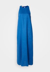 Blå linnmaxiklänning med hög halsringning, ärmlös design och en ärmlös siluett. Har en nyckelhålsknäppning bak.