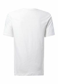 Weißes Baumwoll-T-Shirt mit Rundhalsausschnitt und kurzen Ärmeln. Der Rücken ist schlicht ohne Grafiken oder Muster und hat einen geraden Saum.