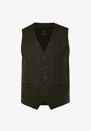 Donkergroene wollen vest met een geruit patroon, met een V-hals, vijf knopen en twee voorknofusjes. Textuurdoek met een gladde voering.