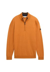Oranger Reißverschluss-Pullover mit hohem Kragen, gerippten Bündchen und Saum. Verfügt über einen marineblauen Streifenakzent innen am Kragen und ein Logodetail am Ärmel.