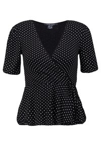 Svart omlottopp med korta ärmar, prydd med vita prickar, har en v-ringning och en peplumslut. Tillverkad i lätt tyg för komfort.