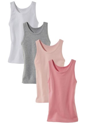 Vier Tanktops in Weiß, Grau, Blassrosa und Dunkelrosa. Sie bestehen aus einer weichen Baumwollmischung, haben runde Halsausschnitte und ein eng anliegendes Design.
