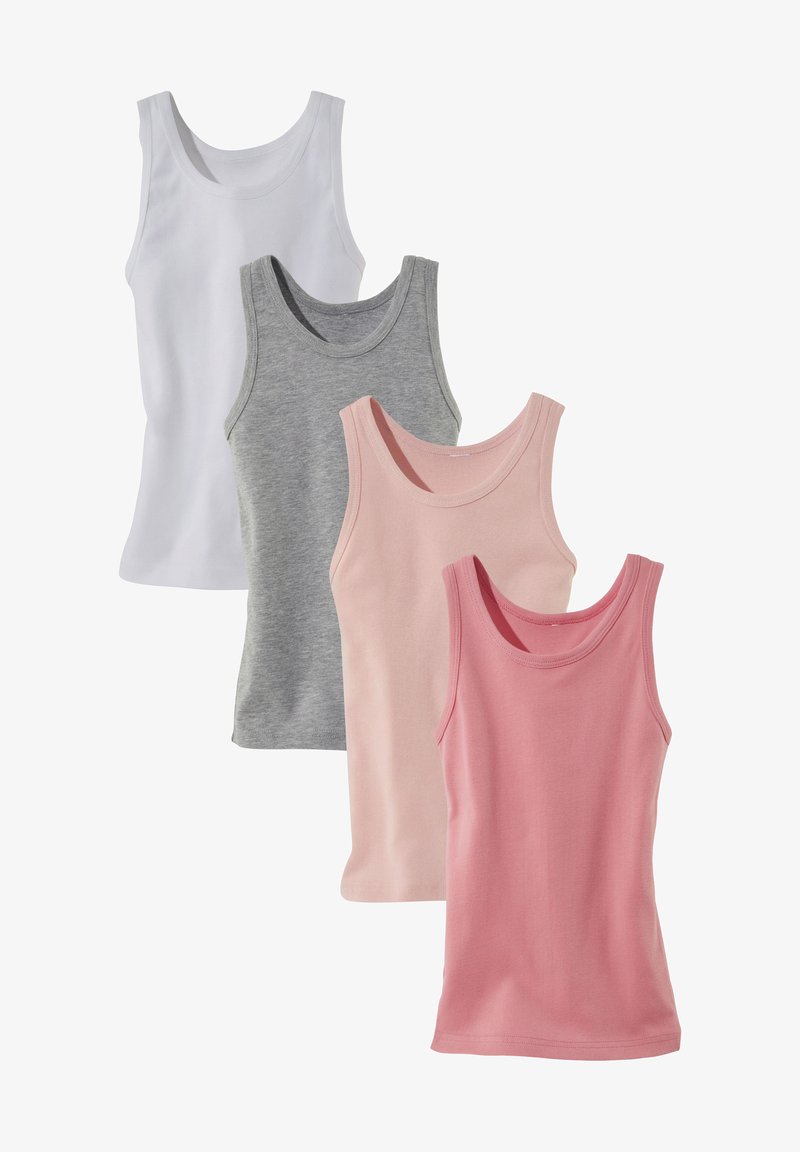 Four tank tops in white, gray, pale pink, and dark pink. They feature a soft cotton blend, round necklines, and a fitted design.