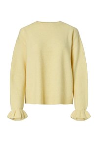 Pull jaune doux à manches longues avec col rond et poignets à volants sur les manches, montré de dos sur fond blanc.
