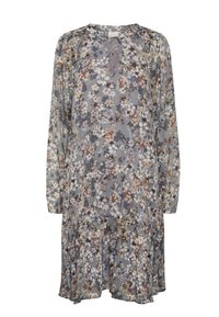 Kwiatowa sukienka z lekkiego materiału, mająca szary dół z kremowymi, brązowymi i fioletowymi kwiatami, długie rękawy oraz warstwową spódnicę.