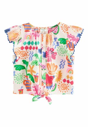 Short-sleeve girl's blouse with colorful abstract floral, fruit, and geometric prints, button front, and tied knot hem.