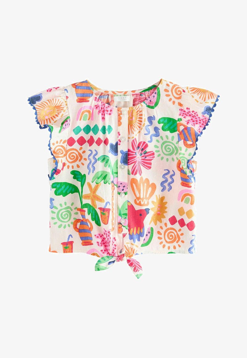 Blouse à manches courtes pour fille avec imprimés floraux, fruits et géométriques abstraits colorés, boutonnée à l'avant, avec un ourlet noué.