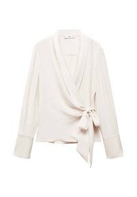 Blusa avvolgente bianca a maniche lunghe con colletto sciallato e chiusura a fiocco laterale, realizzata in tessuto liscio e leggero.